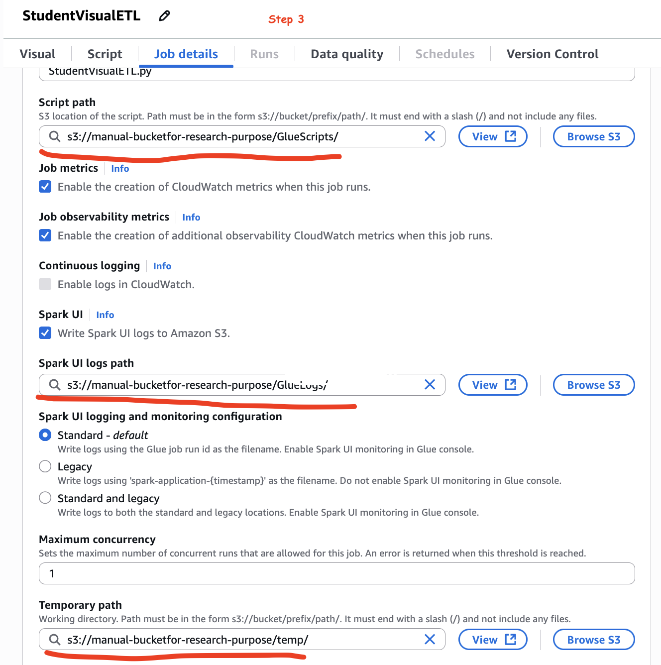 Visual ETL job in AWS Glue folder paths