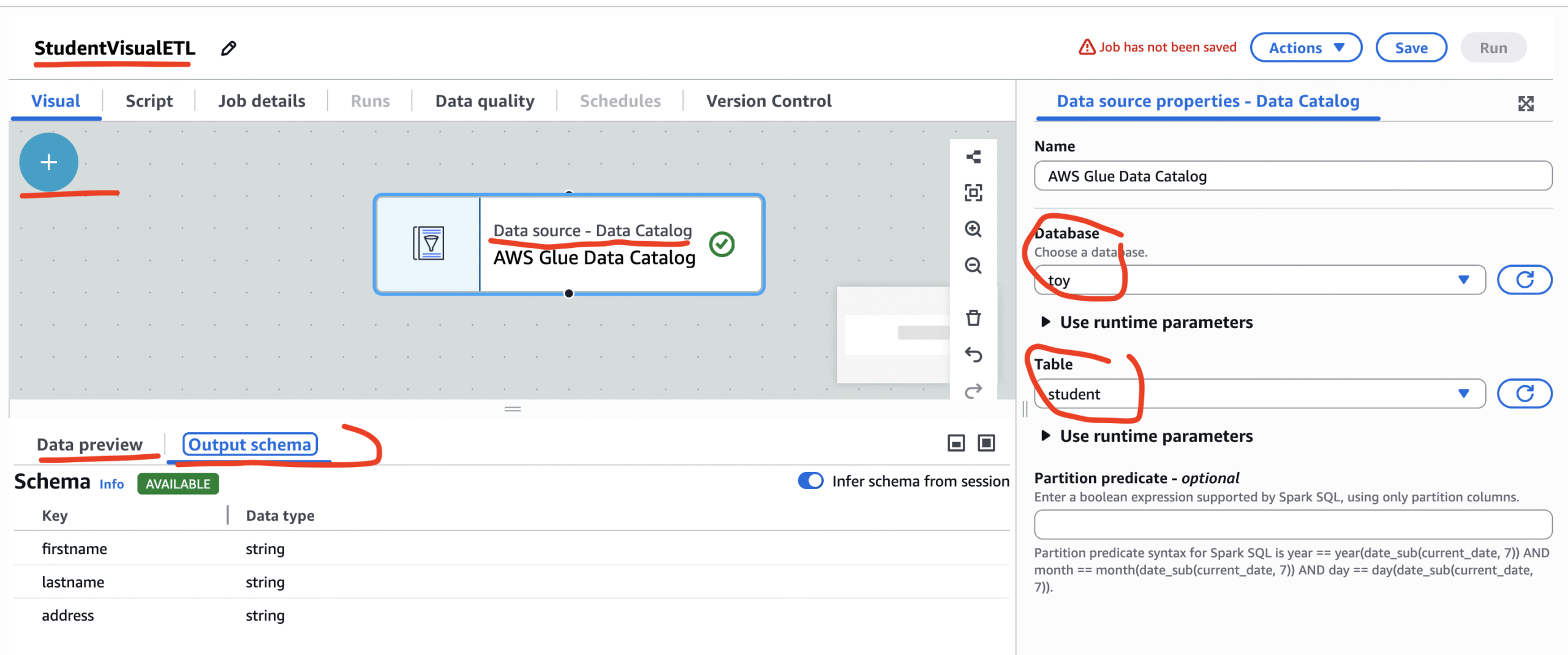 Visual ETL job in AWS Glue data source