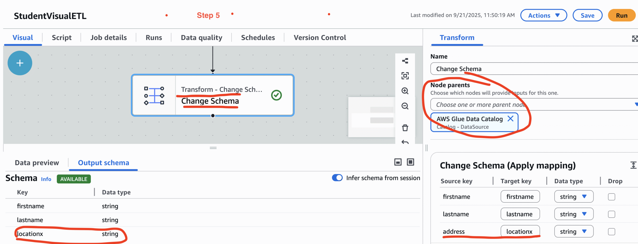 Visual ETL job in AWS Glue tranformation