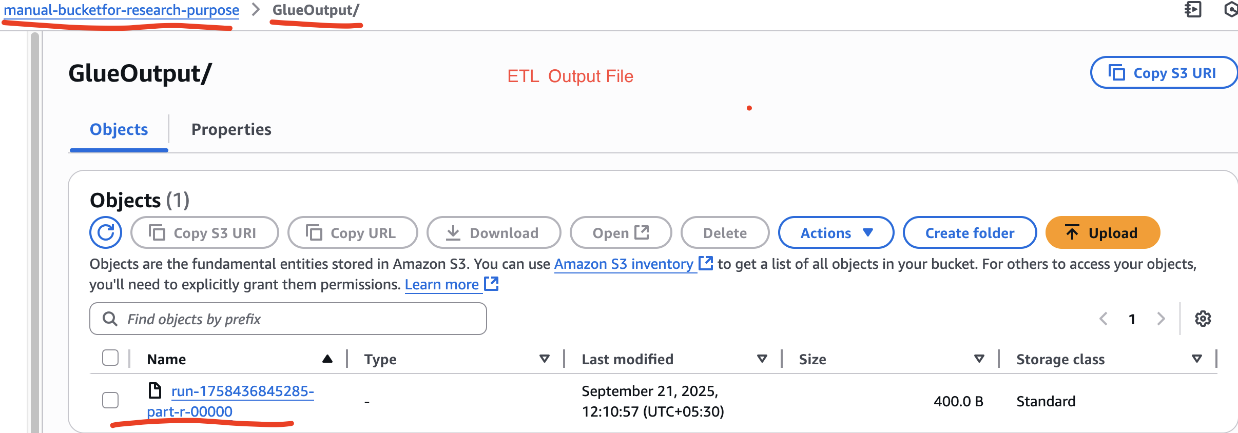 Visual ETL job in AWS Glue output file