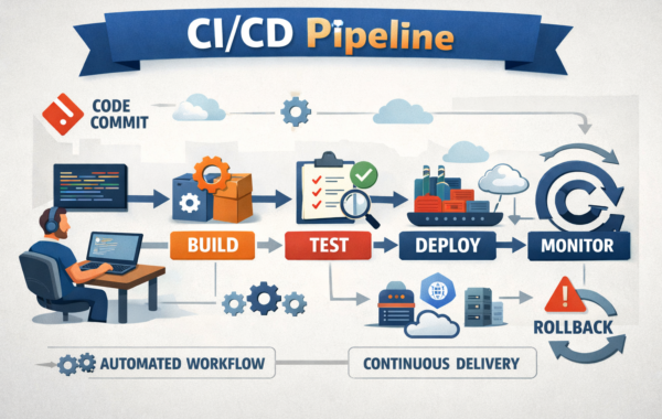 CI CD pipeline stages diagram showing build, test, deploy, monitor, rollback