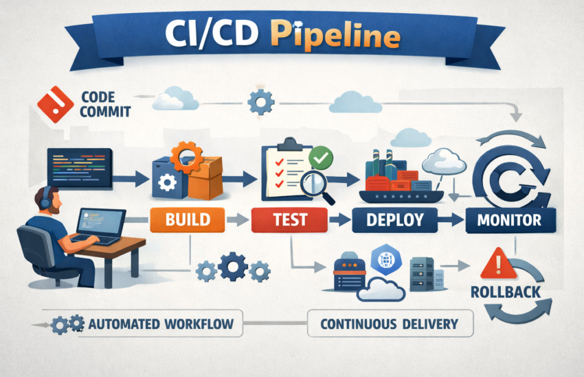 CI CD pipeline stages diagram showing build, test, deploy, monitor, rollback