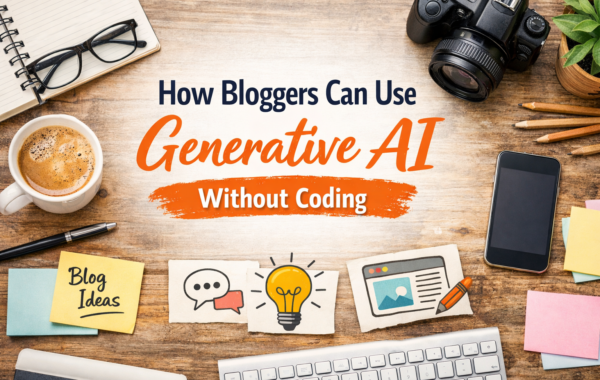 Blogging tools on desk with title How Bloggers Can Use Generative AI Without Coding