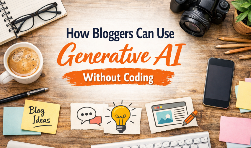 Blogging tools on desk with title How Bloggers Can Use Generative AI Without Coding