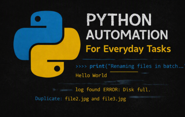 Python automation for everyday tasks blog graphic with code snippets