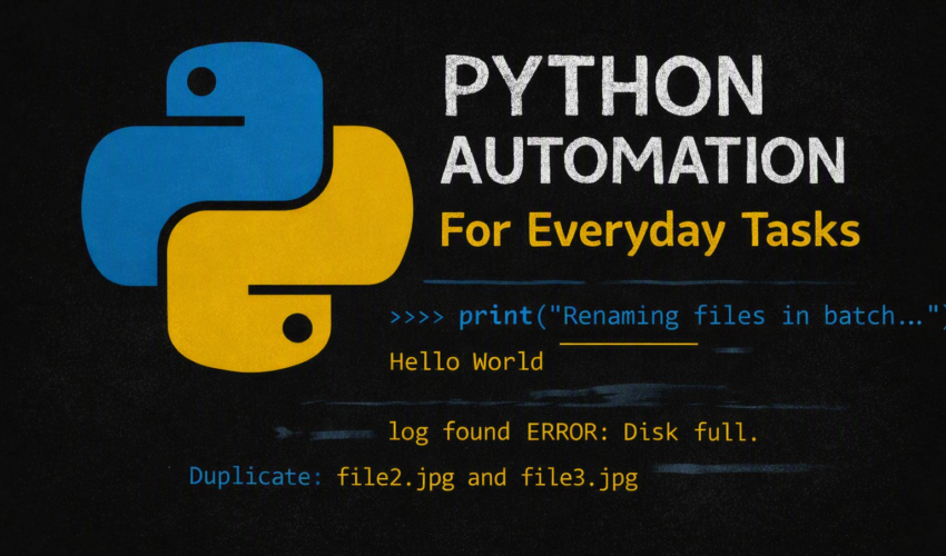 Python automation for everyday tasks blog graphic with code snippets