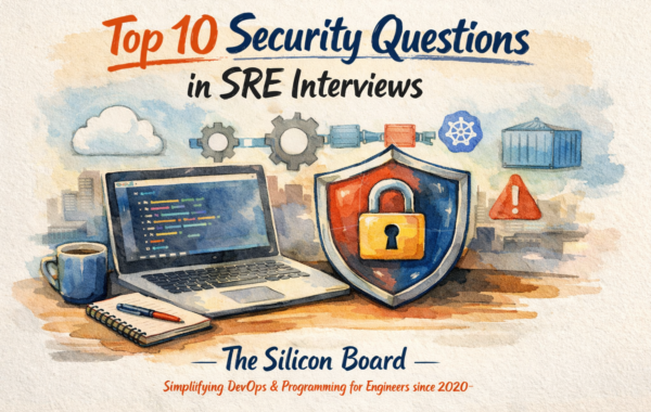 SRE interview questions infographic showing IAM, CI/CD, container security, compliance, and incident response checklist.