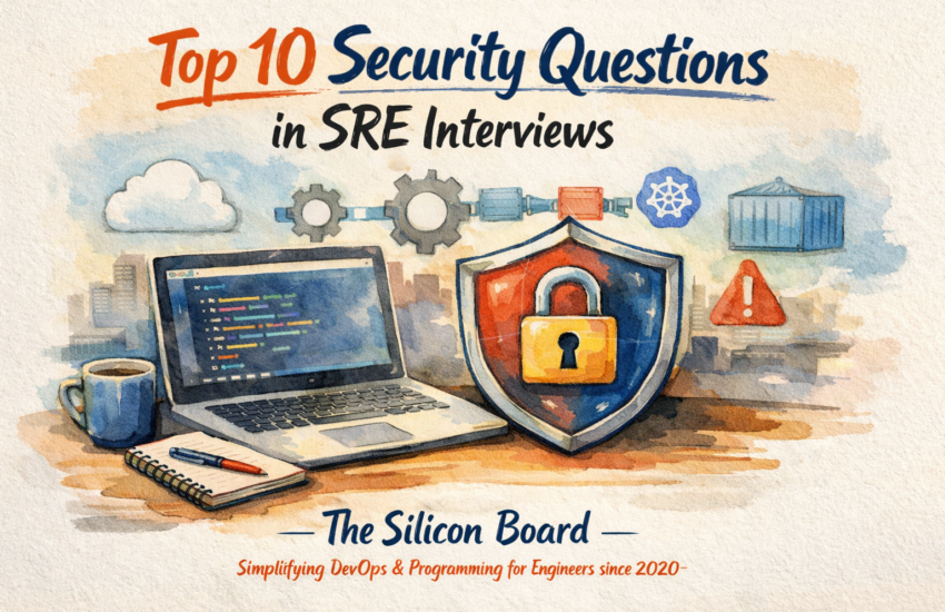 SRE interview questions infographic showing IAM, CI/CD, container security, compliance, and incident response checklist.