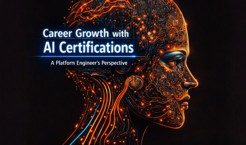 Career growth with AI certifications glowing title on digital brain illustration