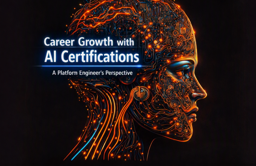 Career growth with AI certifications glowing title on digital brain illustration