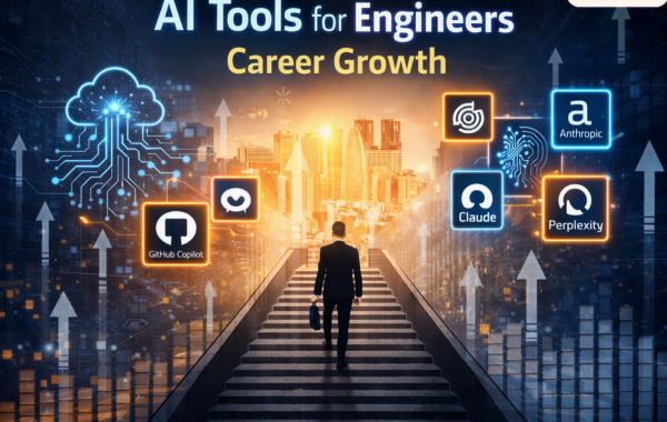 AI tools for engineers career growth illustration with digital icons and upward arrows