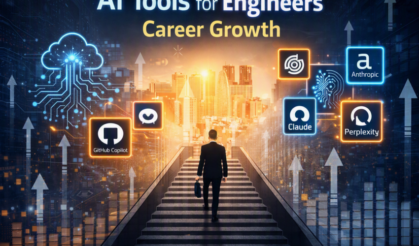 AI tools for engineers career growth illustration with digital icons and upward arrows