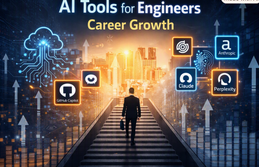 AI tools for engineers career growth illustration with digital icons and upward arrows