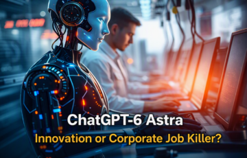 Humanoid robot and human working together in a futuristic office, representing ChatGPT‑6 Astra and the future of corporate jobs.