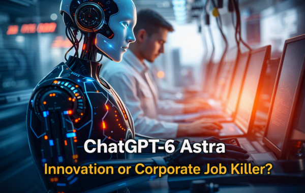 Humanoid robot and human working together in a futuristic office, representing ChatGPT‑6 Astra and the future of corporate jobs.