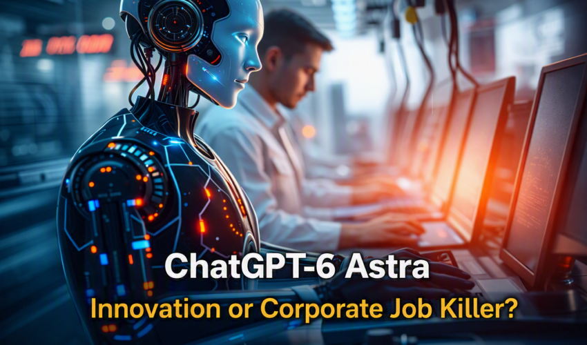 Humanoid robot and human working together in a futuristic office, representing ChatGPT‑6 Astra and the future of corporate jobs.