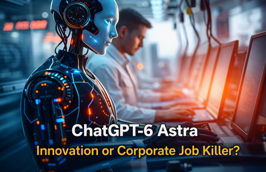 Humanoid robot and human working together in a futuristic office, representing ChatGPT‑6 Astra and the future of corporate jobs.