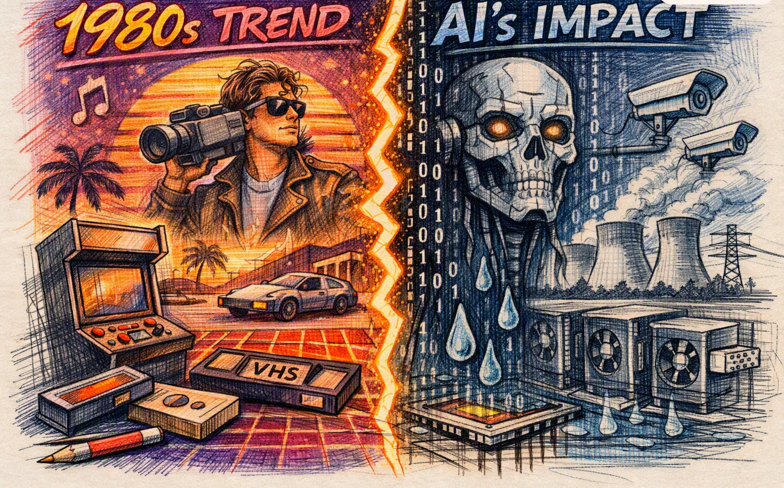 Sketch illustration divided by lightning bolt; left side shows 1980s trend with camcorder and arcade, right side shows AI impact with robotic skull, servers, and cooling towers.