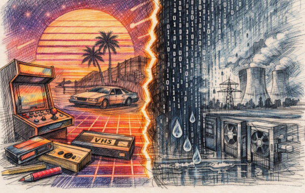 Hand‑drawn landscape showing 1980s nostalgia with sunset, arcade, and VHS on one side, contrasted with AI data centers, binary code, and water droplets on the other.