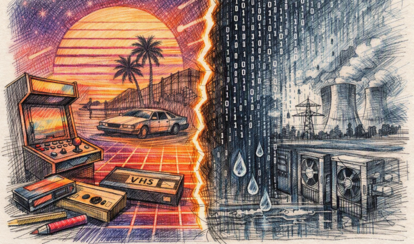 Hand‑drawn landscape showing 1980s nostalgia with sunset, arcade, and VHS on one side, contrasted with AI data centers, binary code, and water droplets on the other.