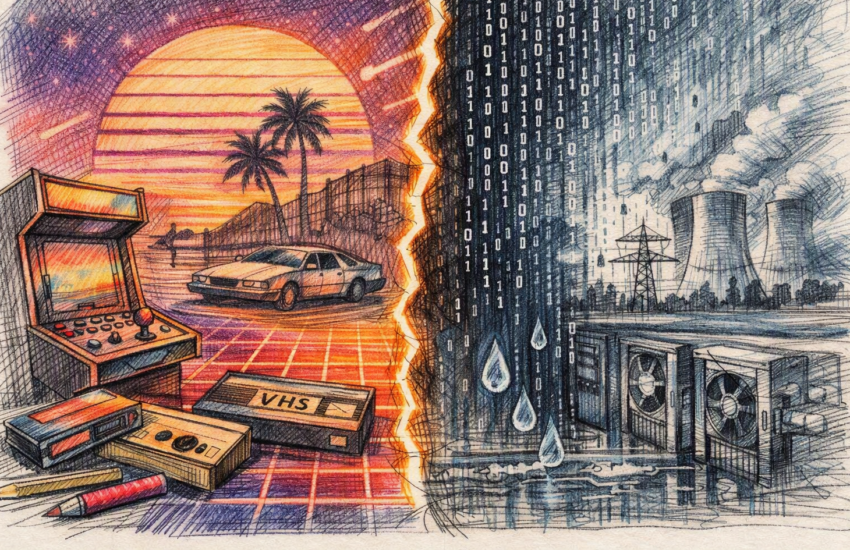 Hand‑drawn landscape showing 1980s nostalgia with sunset, arcade, and VHS on one side, contrasted with AI data centers, binary code, and water droplets on the other.