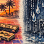 Two hand‑drawn sketches side by side: one of a retro joystick, VHS, and sunset grid; the other of server racks with binary rain and dripping water.