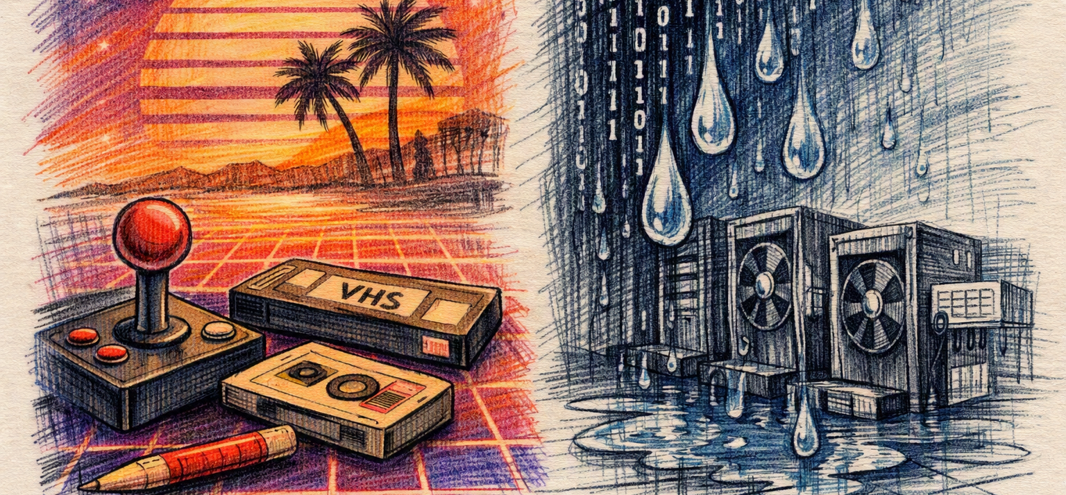 Two hand‑drawn sketches side by side: one of a retro joystick, VHS, and sunset grid; the other of server racks with binary rain and dripping water.
