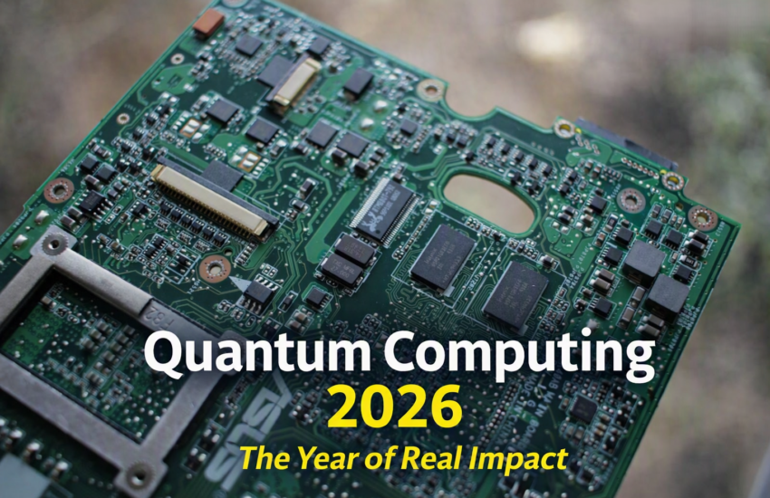 Quantum Computing 2026 title on green motherboard with circuits